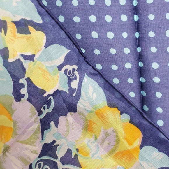 Vintage Silk Scarf Square Blue Yellow Floral Polka Dot 29"  Hand Rolled - Picture 10 of 10